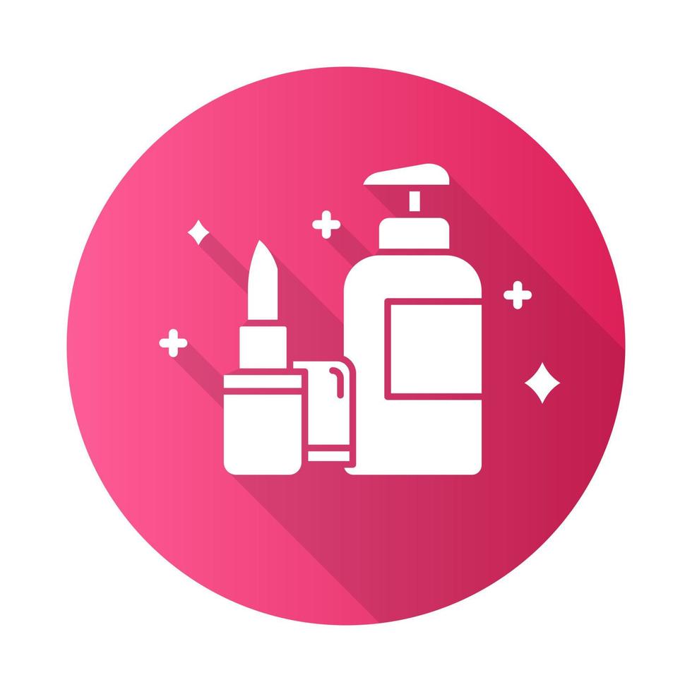 Beauty and personal care pink flat design long shadow glyph icon. Makeup products. Decorative cosmetics concept. E commerce department, online shopping categories. Vector silhouette illustration