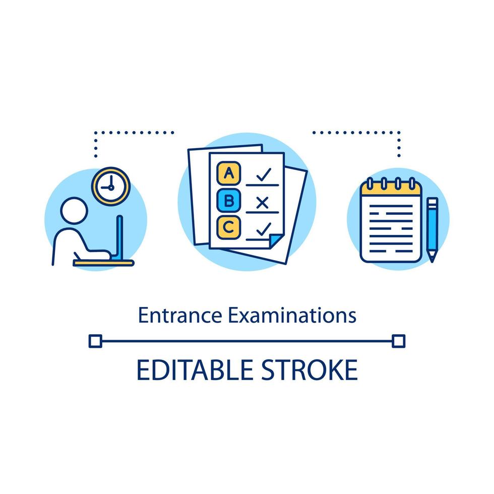 Entrance examinations concept icon. Check knowledge and level of training. University entry exam. Passing test idea thin line illustration. Vector isolated outline drawing. Editable stroke