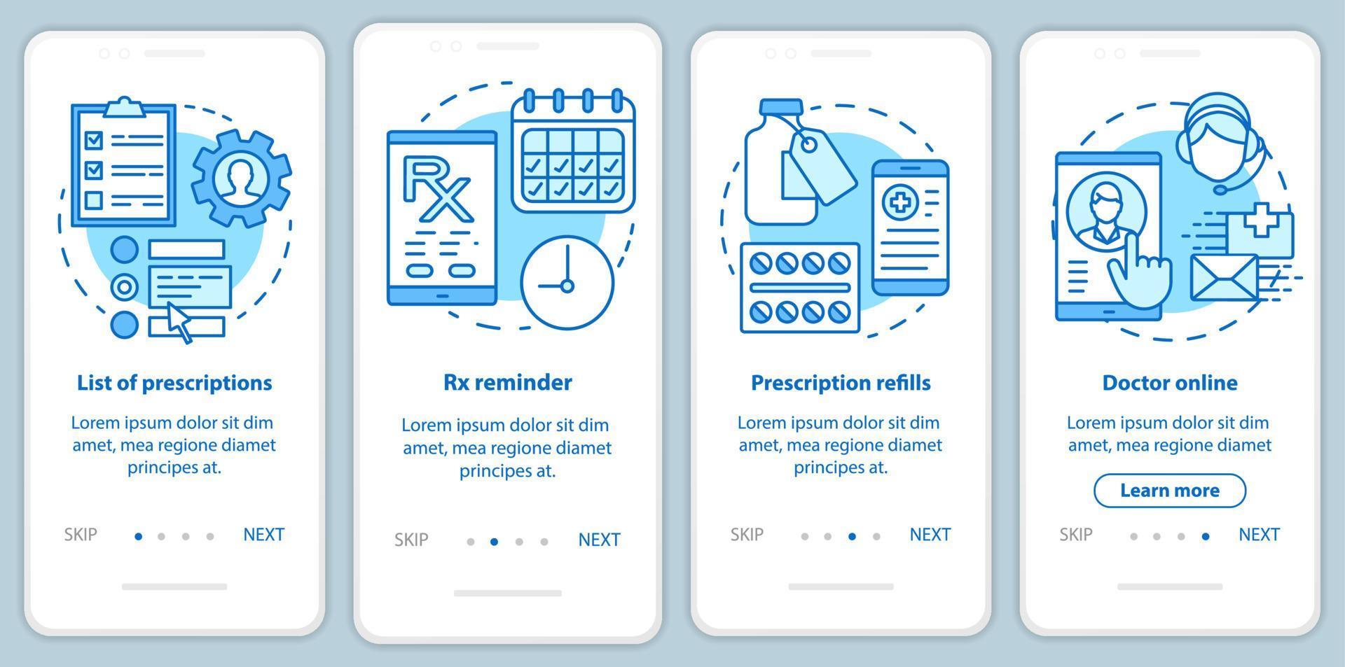 Prescription list and online pharmacy onboarding mobile app page screen with linear concepts. Rx refills. Four walkthrough steps graphic instructions. UX, UI, GUI vector template with illustrations