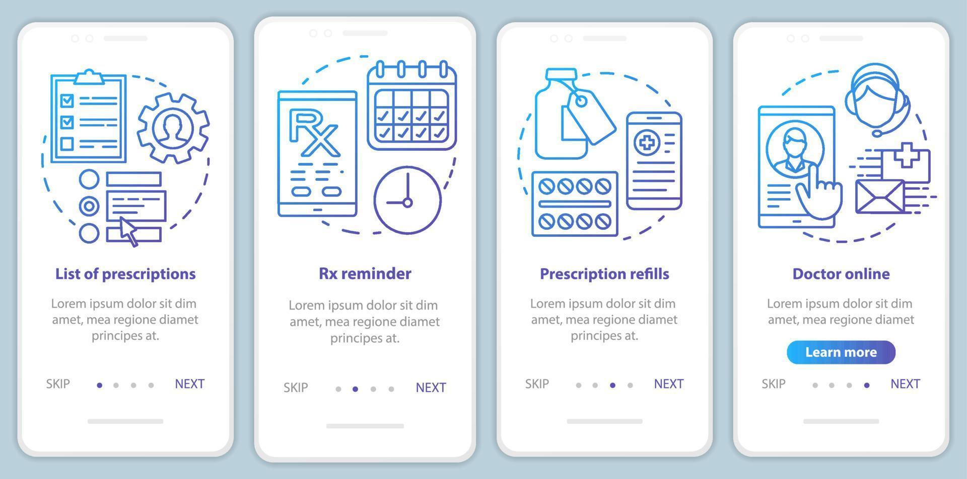 lista de recetas y plantilla de vector de pantalla de página de aplicación móvil de incorporación de farmacia en línea. recargas rx. paso a paso del sitio web con ilustraciones lineales. concepto de interfaz de teléfono inteligente ux, ui, gui