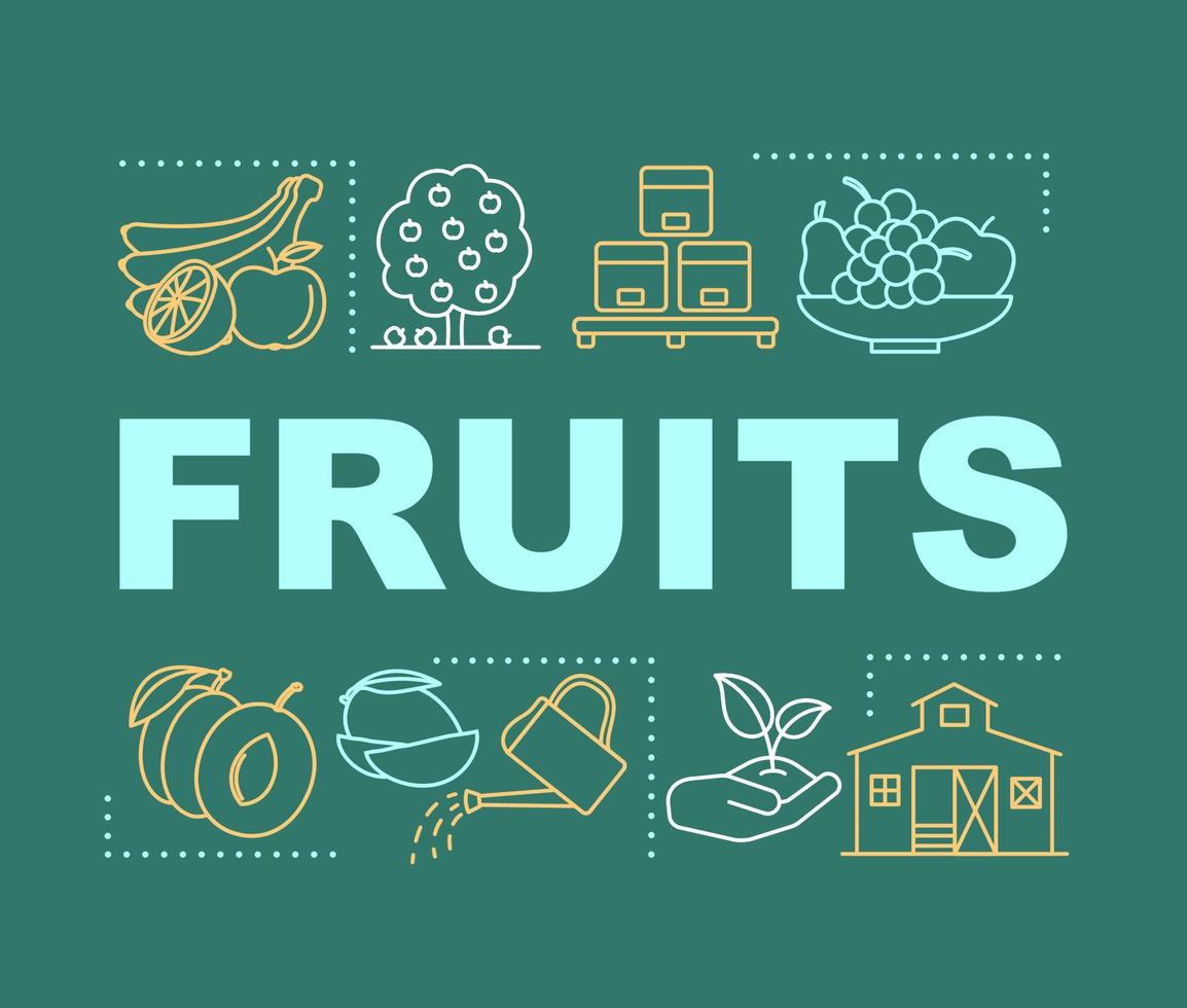 Fruits word concepts banner. Growing harvesting and storage gardening products. Presentation, website. Isolated lettering typography idea with linear icons. Vector outline illustration