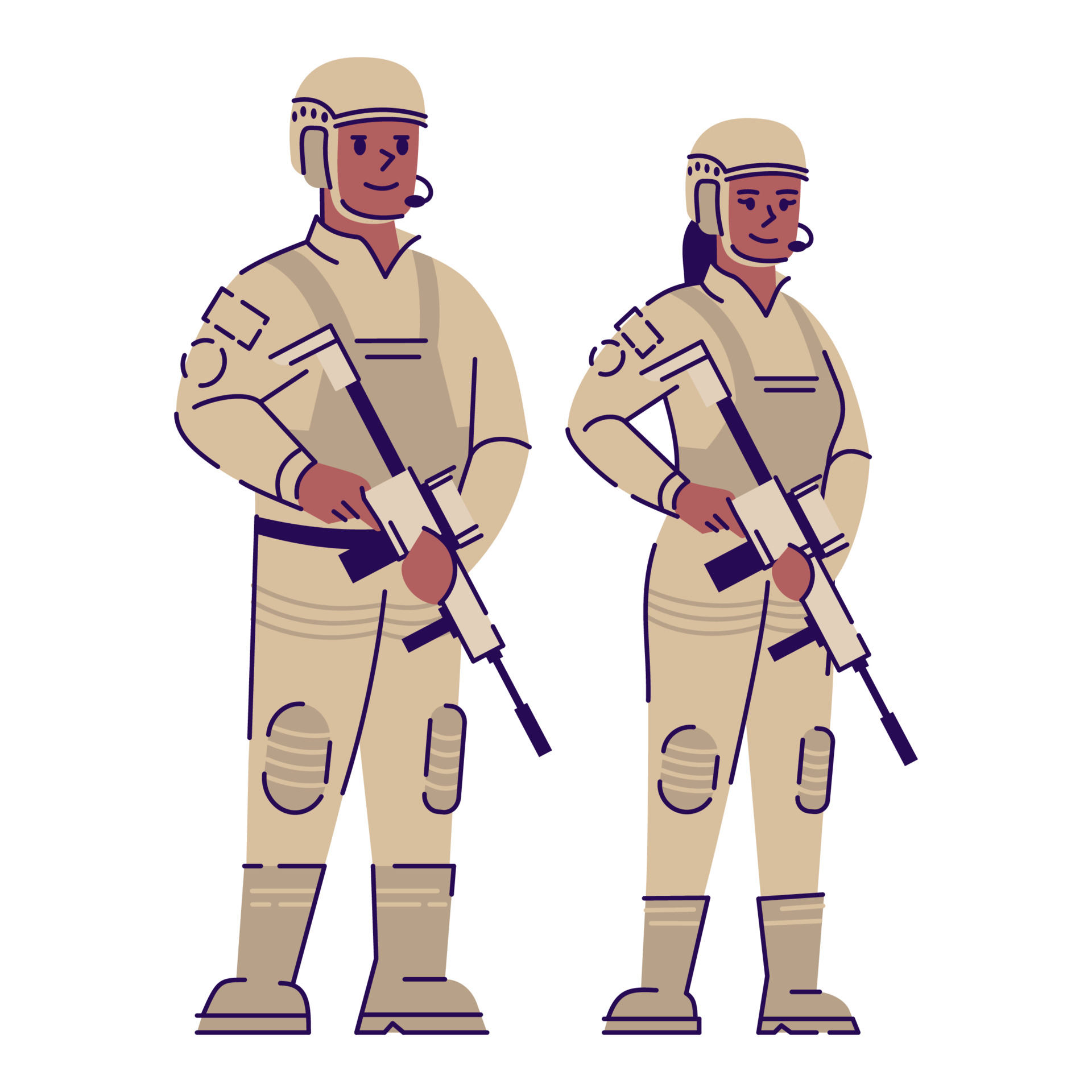 Militar hombre y mujer en uniformes personajes de vector de color semi plano