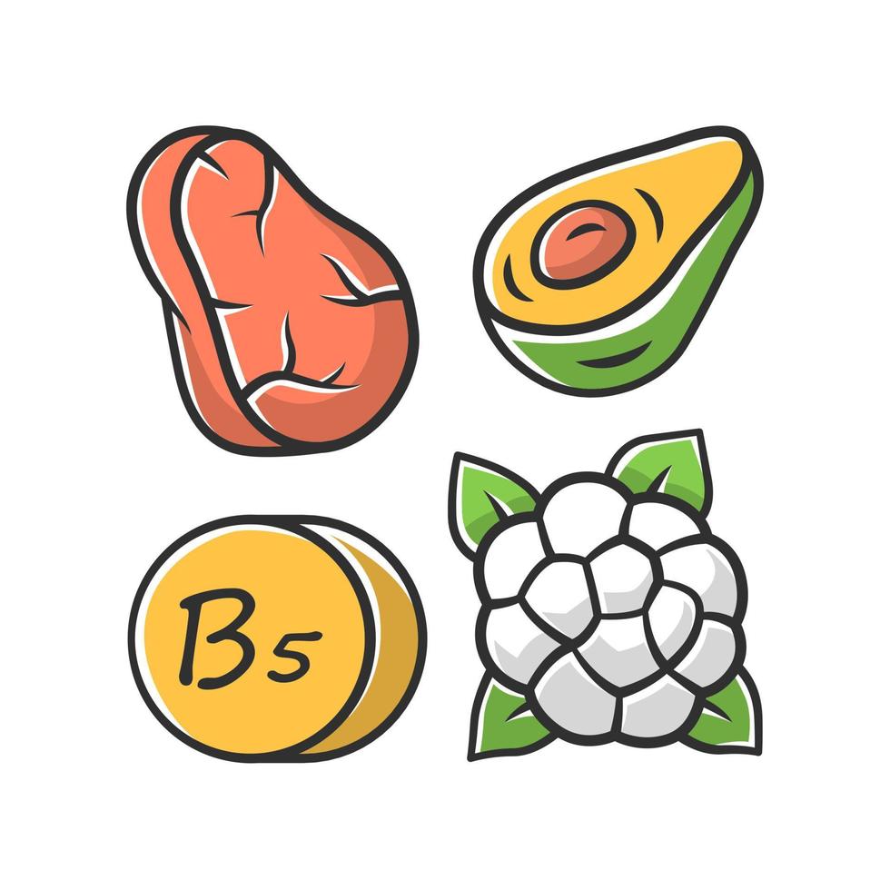 Vitamin B5 color icon. Meat, avocado and cauliflower. Healthy eating. Pantothenic acid natural food source. Proper nutrition. Minerals, antioxidants. Isolated vector illustration