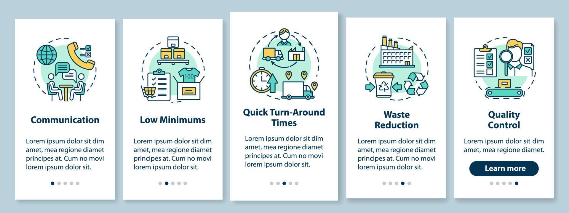Advantages of local production onboarding mobile app page screen with linear concepts. Communication. Five walkthrough steps graphic instructions. UX, UI, GUI vector template with illustrations
