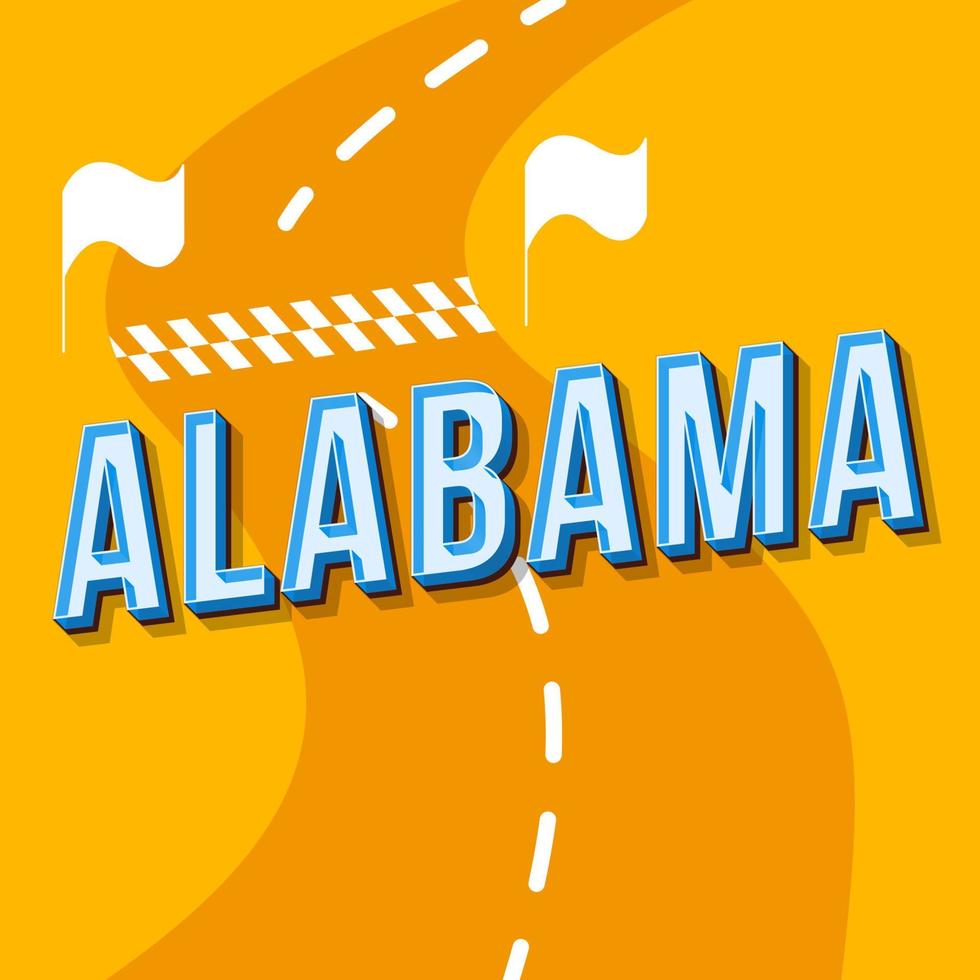 Alabama vintage 3d vector lettering. Retro bold font, typeface. Pop art stylized text. Old school style letters. 90s, 80s poster, banner design. Racing track orange color background