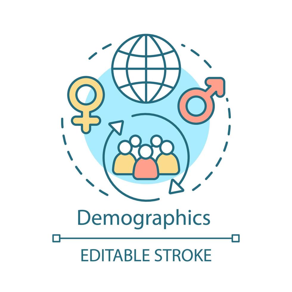 Demographics concept icon. Worldwide population information idea thin line illustration. Different societies, cultures, ethnicity, gender, region, ages vector isolated outline drawing. Editable stroke