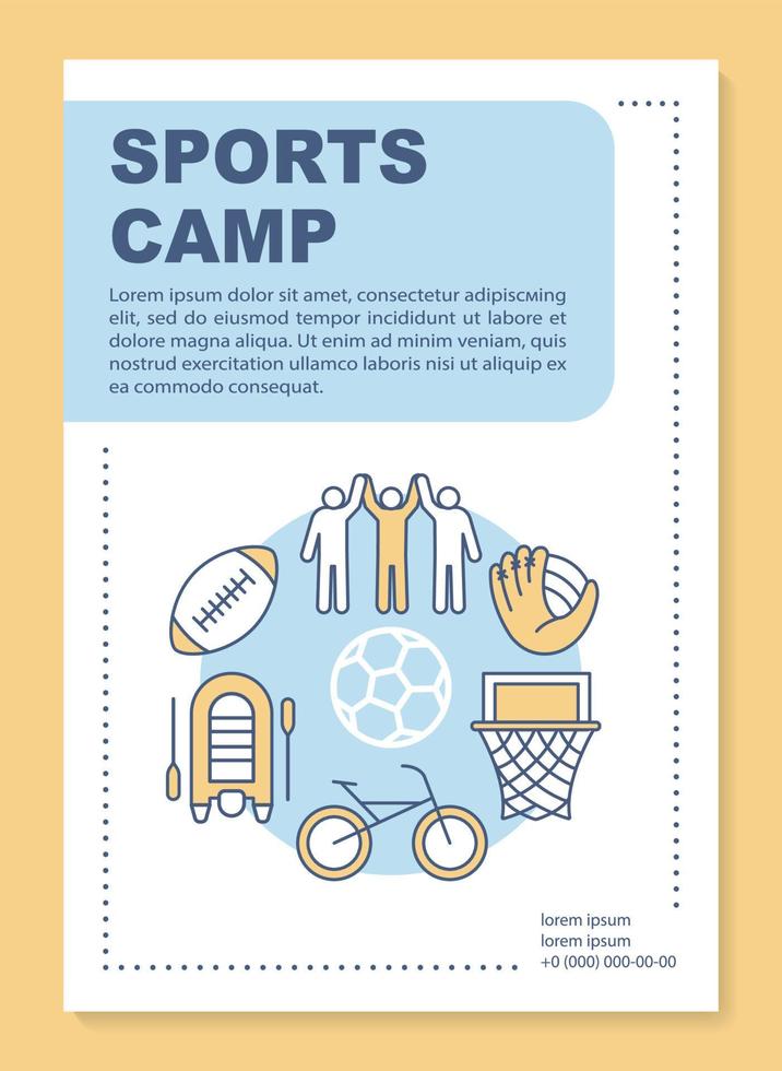 Sports camp, active outdoor games brochure template layout. Flyer, booklet, leaflet print design with linear illustrations. Vector page layouts for magazines, annual reports, advertising posters