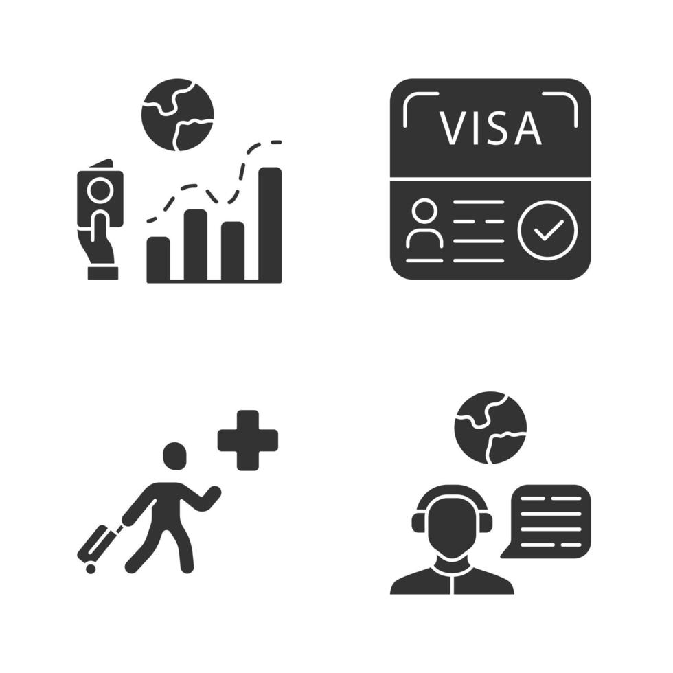 Immigration glyph icons set. Migration rate, visa. Humanitarian immigrant, travel consultant. Trip advisor. Tourist document. Travelling abroad. Silhouette symbols. Vector isolated illustration