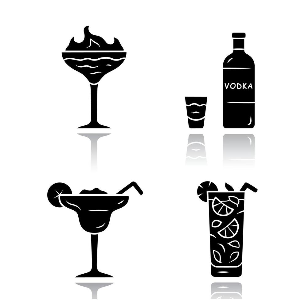 Drinks drop shadow black glyph icons set. Flaming shot, margarita, mojito, vodka. Glasses with beverages, bottle. Alcoholic mixes and soft drink for party, celebration. Isolated vector illustrations