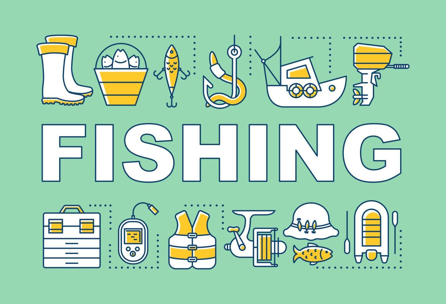 Fishing word concepts banner. Presentation, website. Fish catching professional equipment. Fisherman work. Isolated lettering typography idea with linear icons. Vector outline illustration