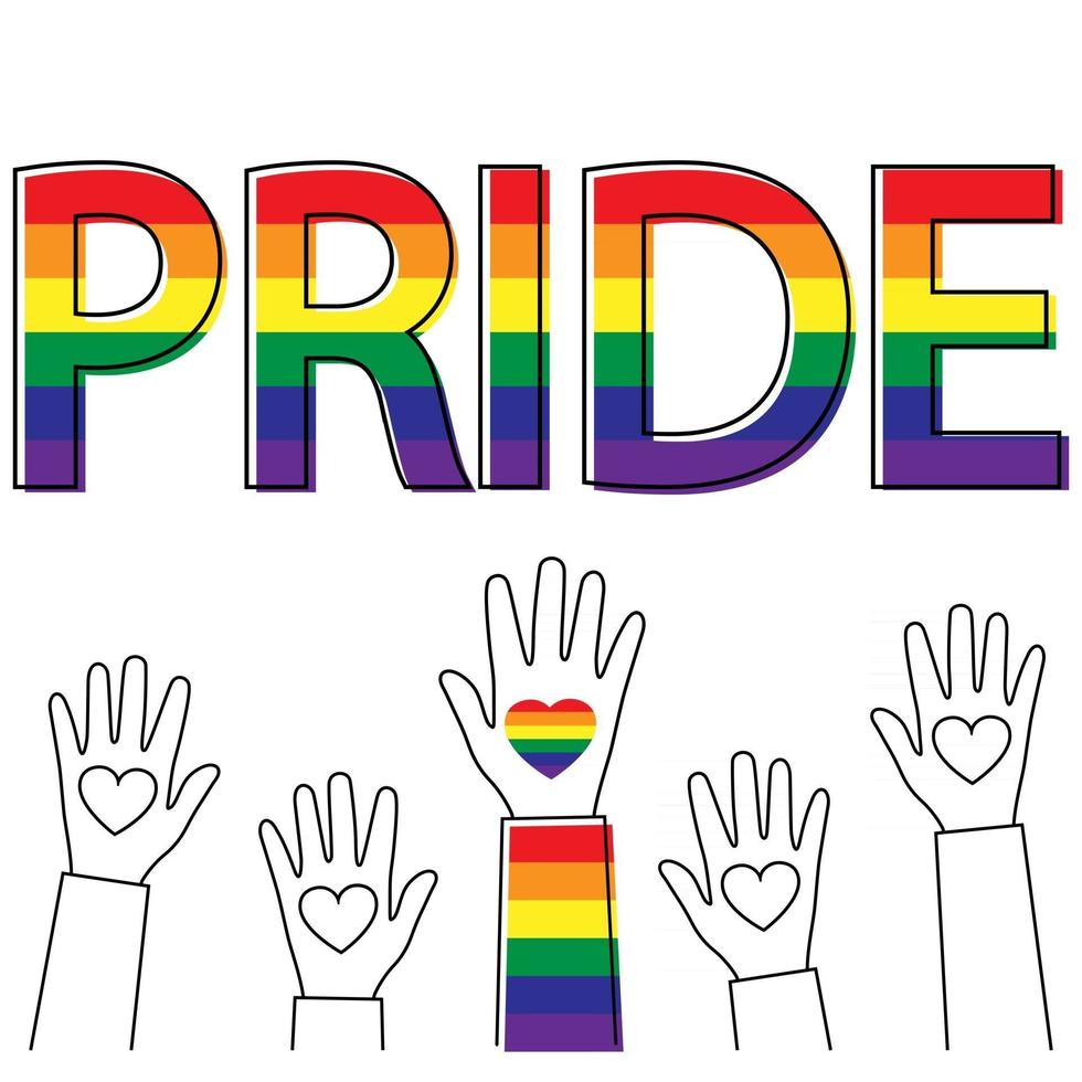 Rainbow colored hand with a heart. Gay Pride. LGBT concept. Pride month of homosexual people. Realistic style colorful illustration. Sticker, patch, T-shirt print, logo design. Vector