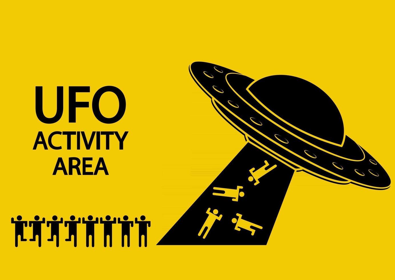 UFO activity area. Flying spaceship in black color. UFO abducts humans. Flying saucer. Alien space ship in glyph style, isolated on yellow background vector