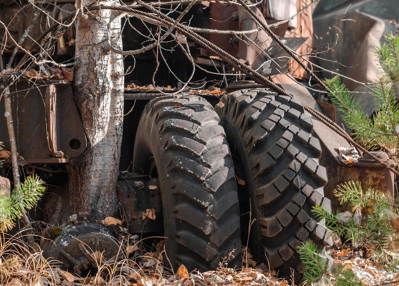 pripyat, ucrania, 2021 - neumáticos de tractor en chernobyl foto