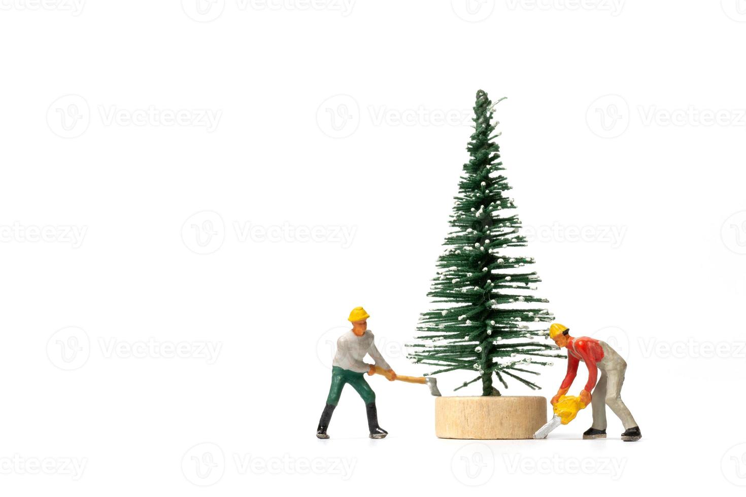 Gente en miniatura, trabajador preparando el árbol de navidad sobre fondo blanco. foto