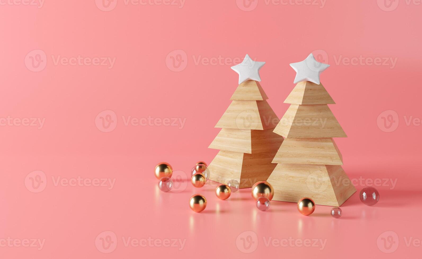 christmas trees with wooden blocks and golden spheres photo