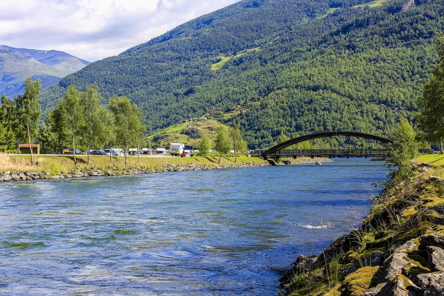 Bridge and fjord in beautiful Flam in Aurlandsfjord Sognefjord Norway. photo