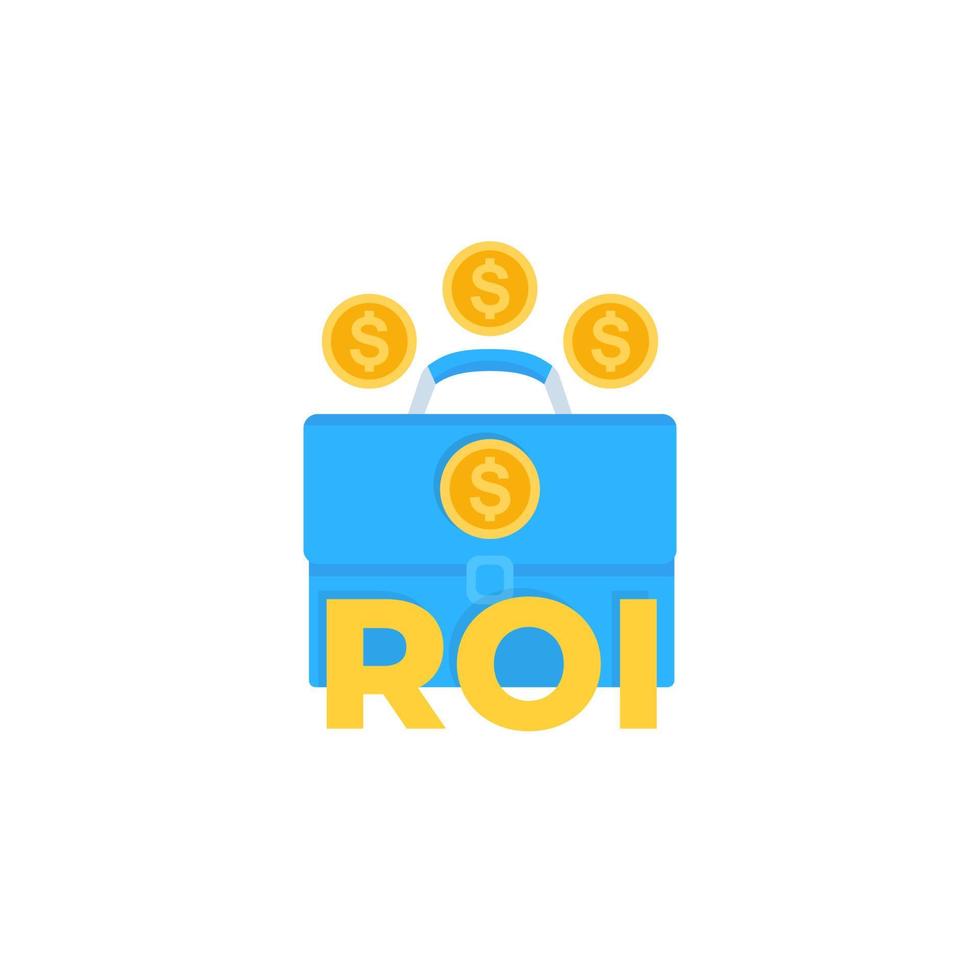 roi, icono de retorno de la inversión con cartera y dinero, vector