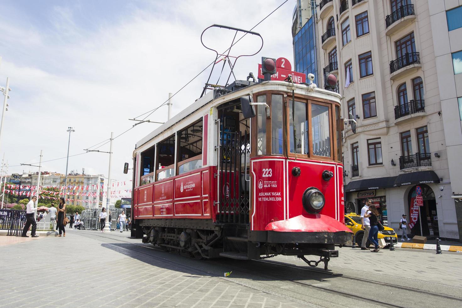 ISTANBUL, TURKEY, JUNE 15, 2019 - Unidentified people by Istanbul nostalgic tramways in Istanbul, Turkey. In Istanbul there are are two tramlines with heritage streetcars. photo