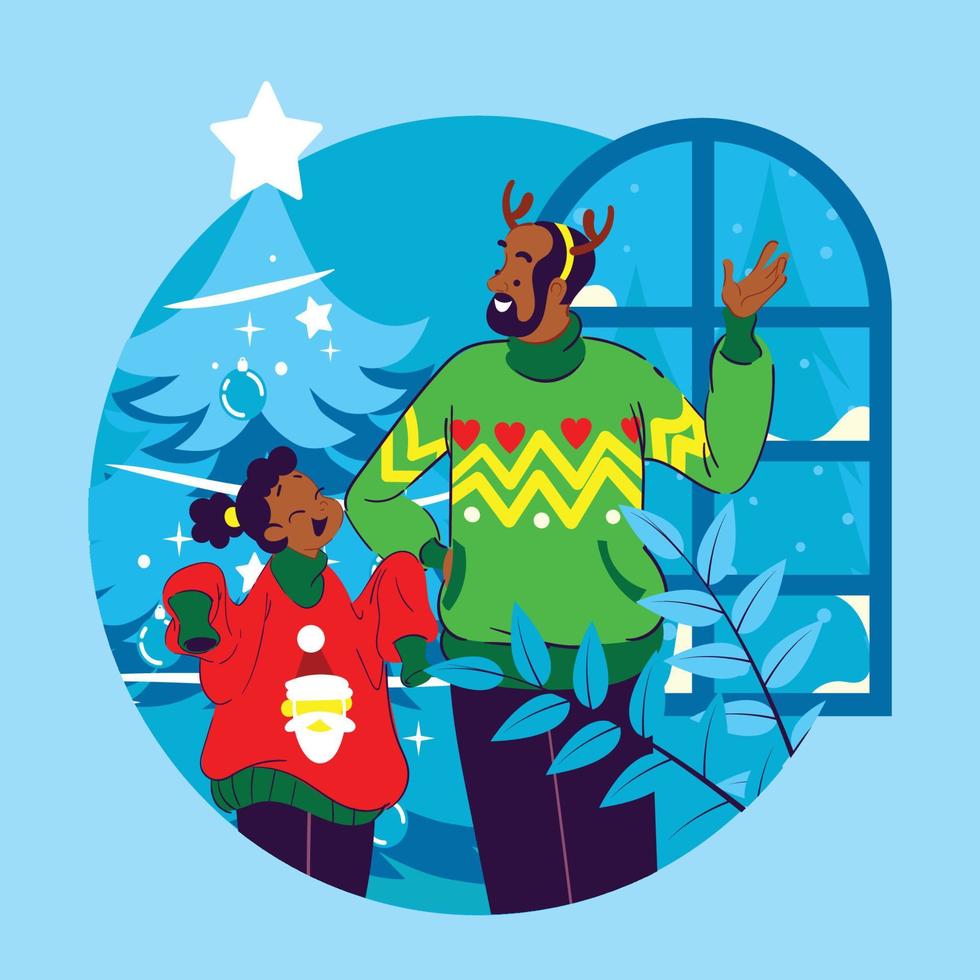 Dad and His Litle Girl With Ugly Sweater vector