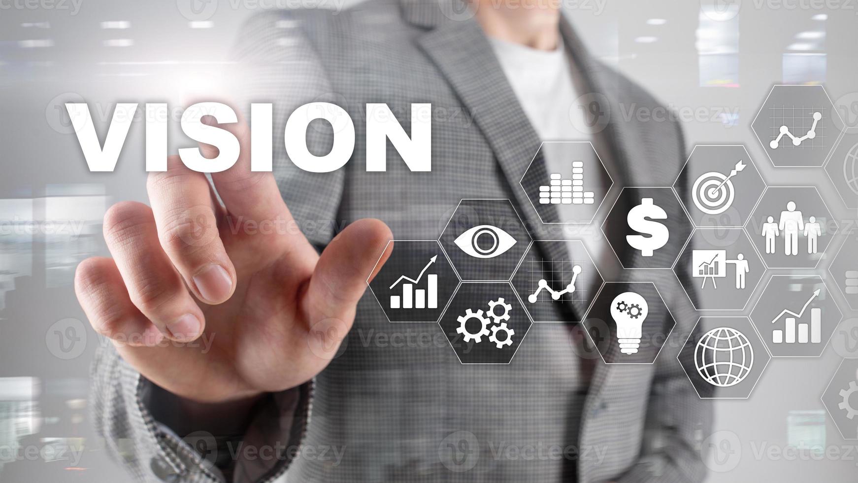 Vision concept. Business people and modern city on background. Virtual screen mixed media photo