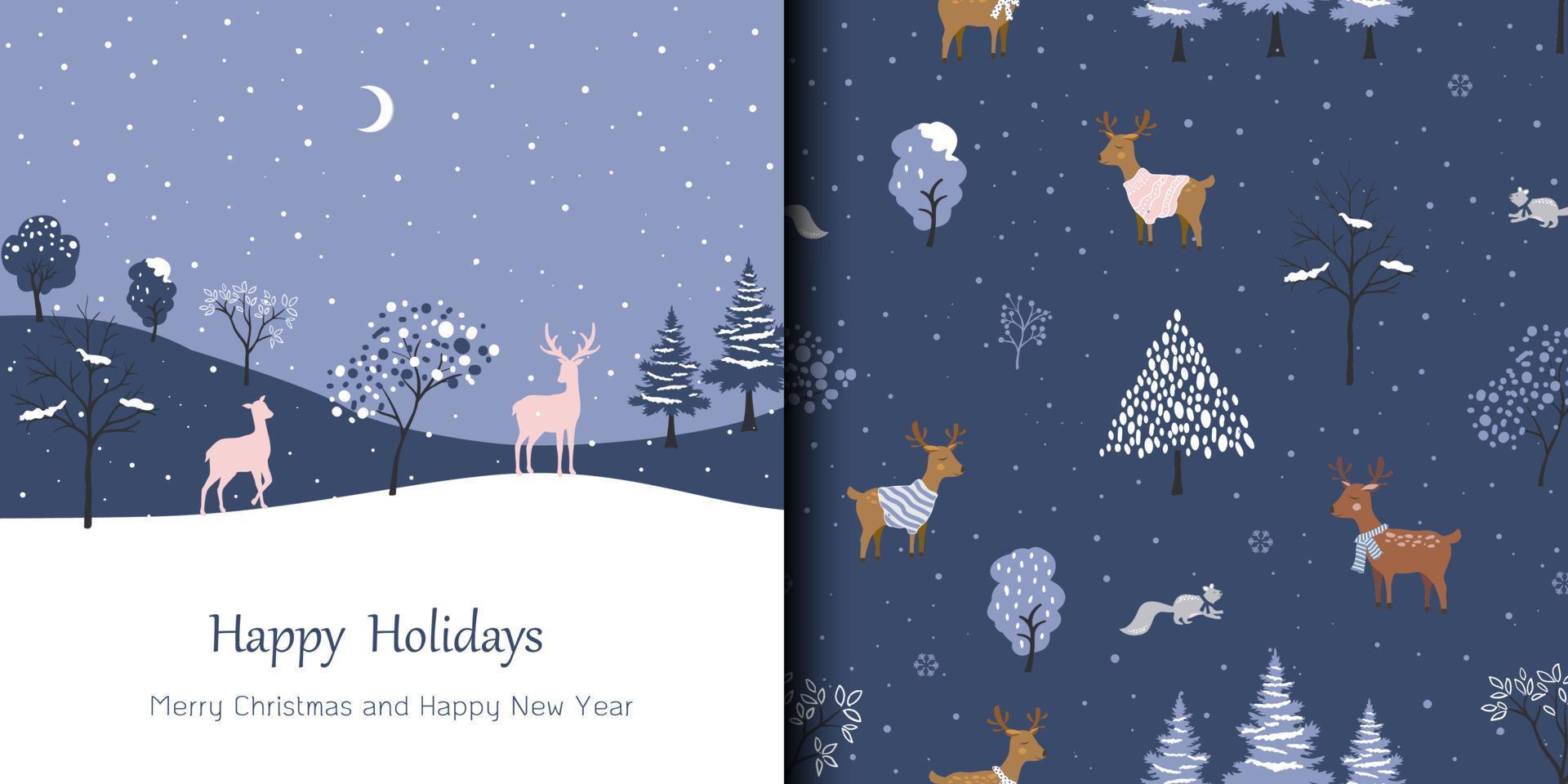 Merry Christmas and Happy new year greeting card with seamless pattern,animals wildlife on winter night theme vector