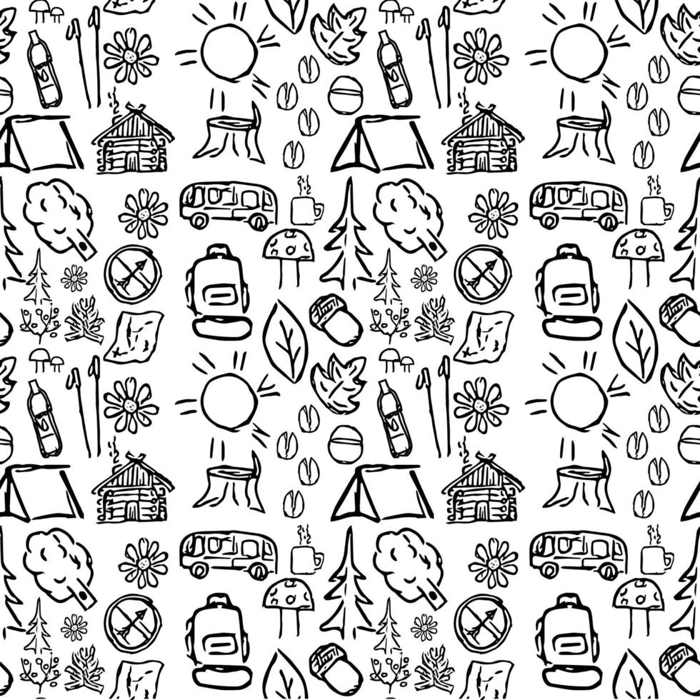 seamless pattern with icons on the theme of travel and hiking. Doodle vector with travel and hiking icons on white background.Vintage travel icons