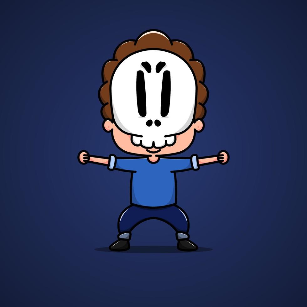 cool kid wearing skull mask with gradient blue background vector