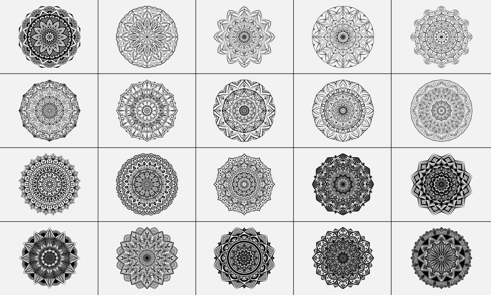 Diseño de patrón circular de 20 mandalas para henna, mehndi, tatuaje, decoración. adorno decorativo en estilo étnico oriental. paquete de página de libro para colorear vector