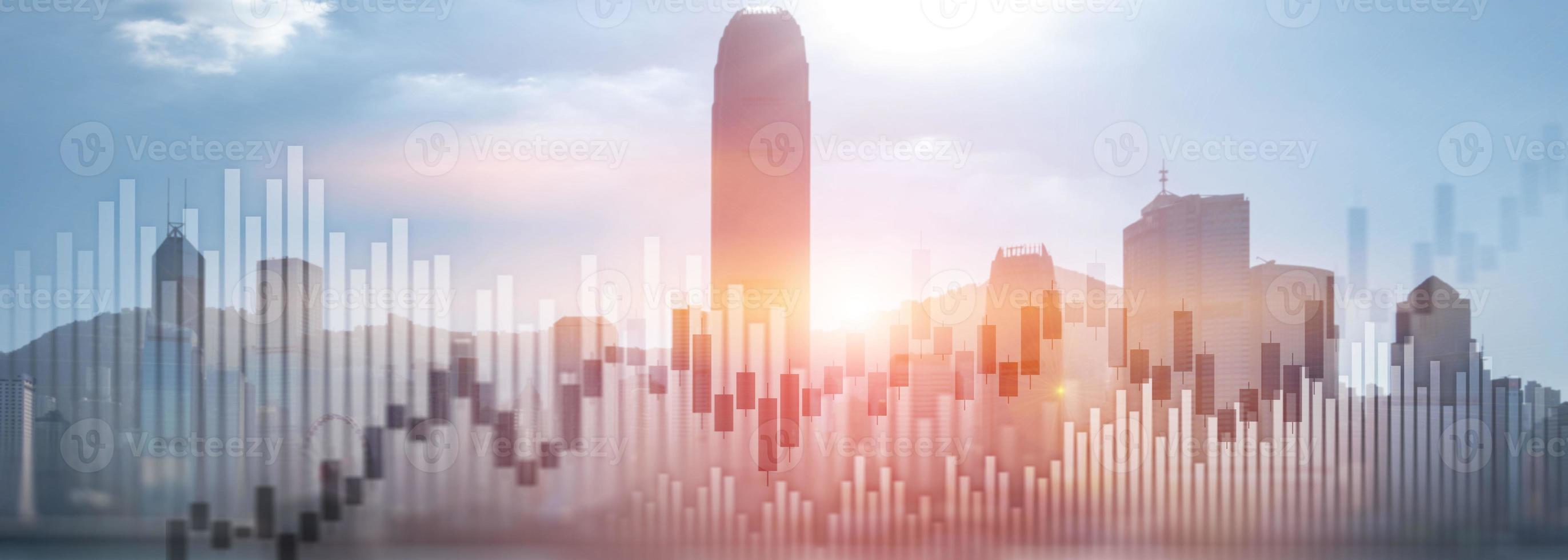 Trading investment chart graph city skyline view double exposure website panoramic header banner photo