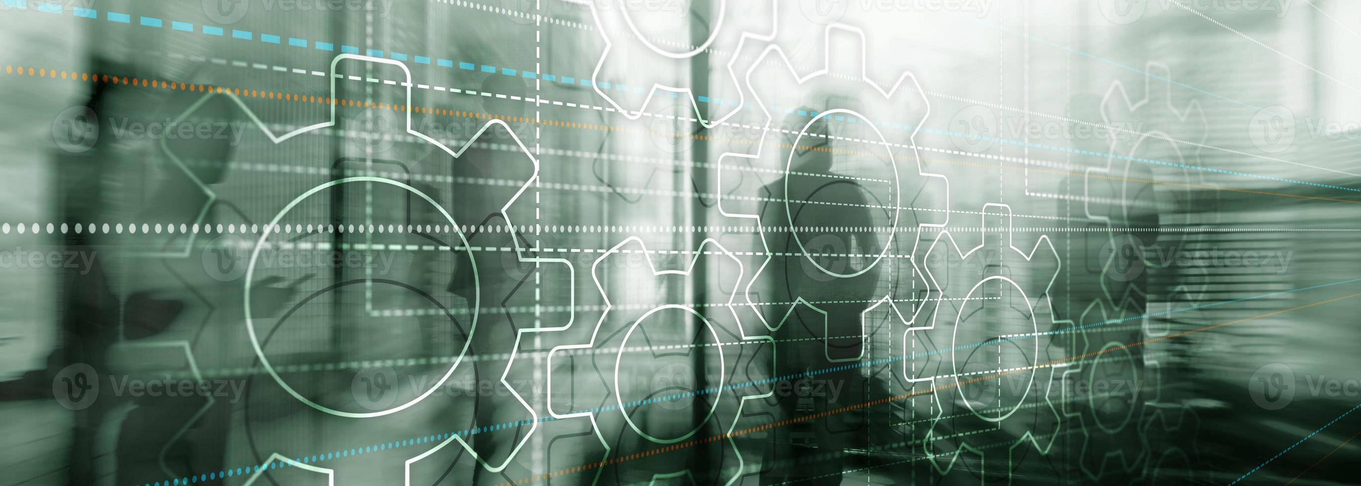 Business technology internet concept double exposure gears abstract background. photo