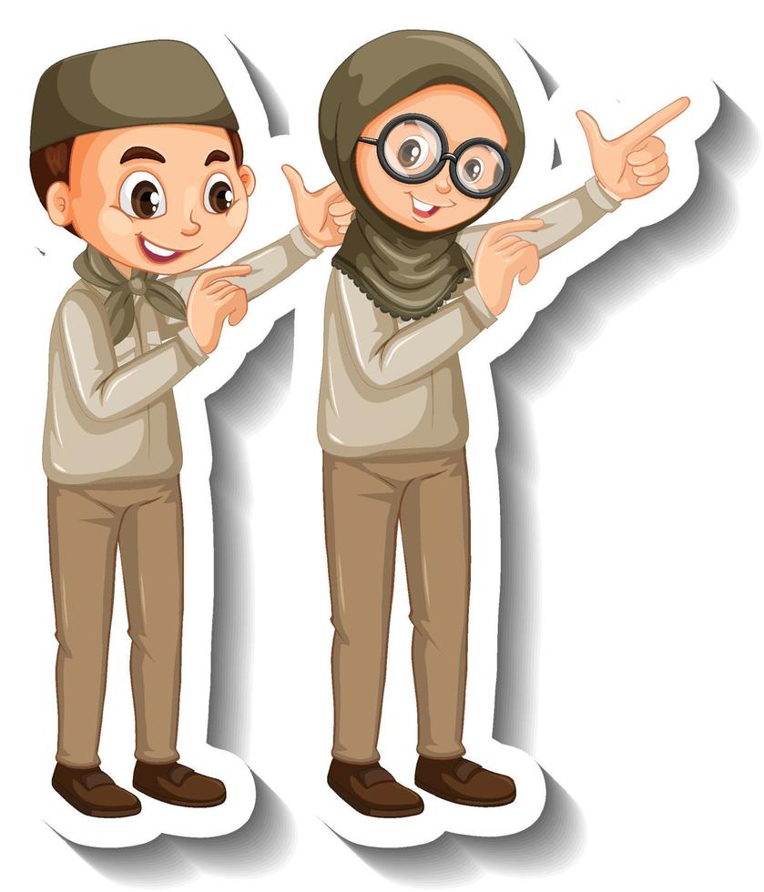 Couple muslim kids wear safari outfit cartoon character sticker vector