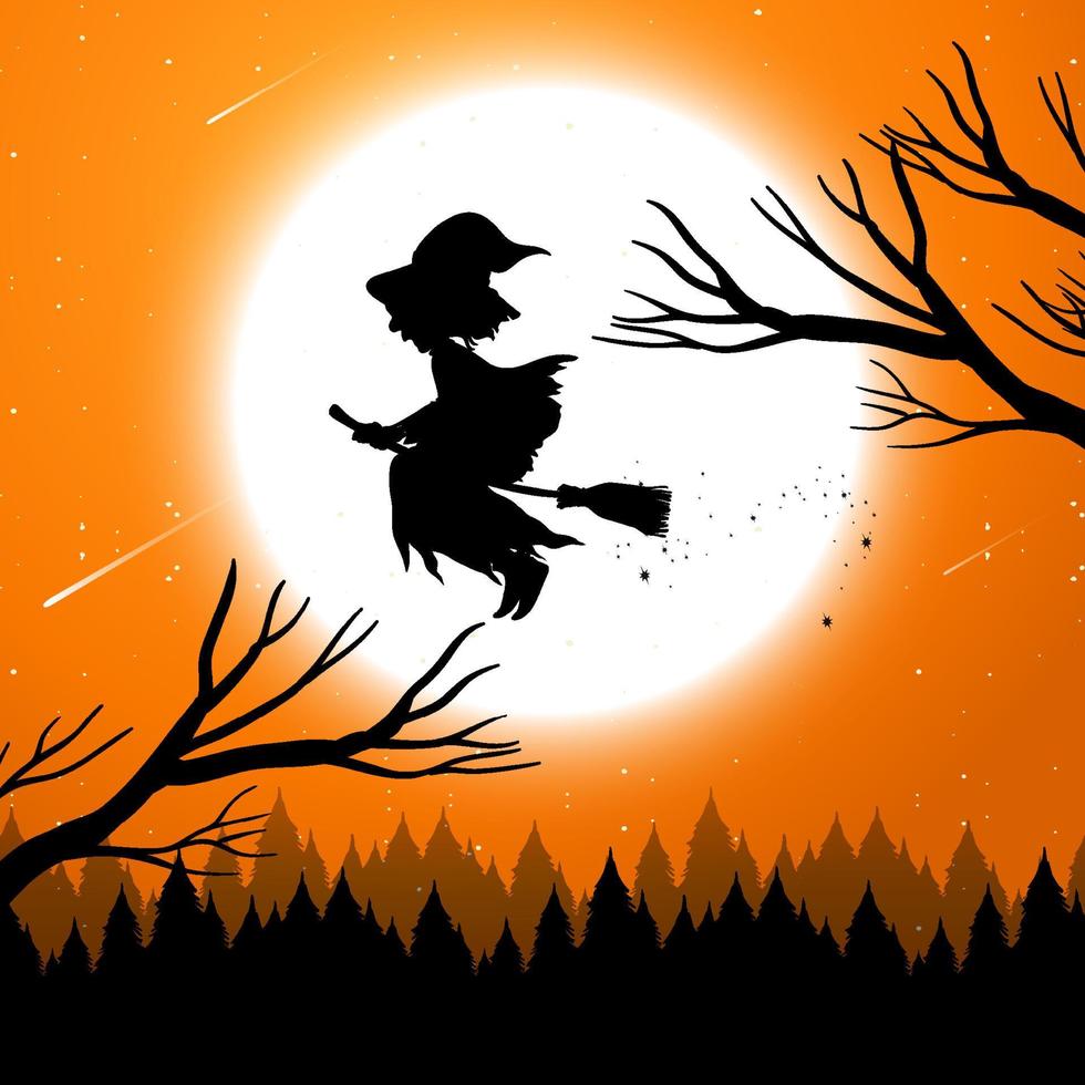 Halloween night background with witch silhouette vector