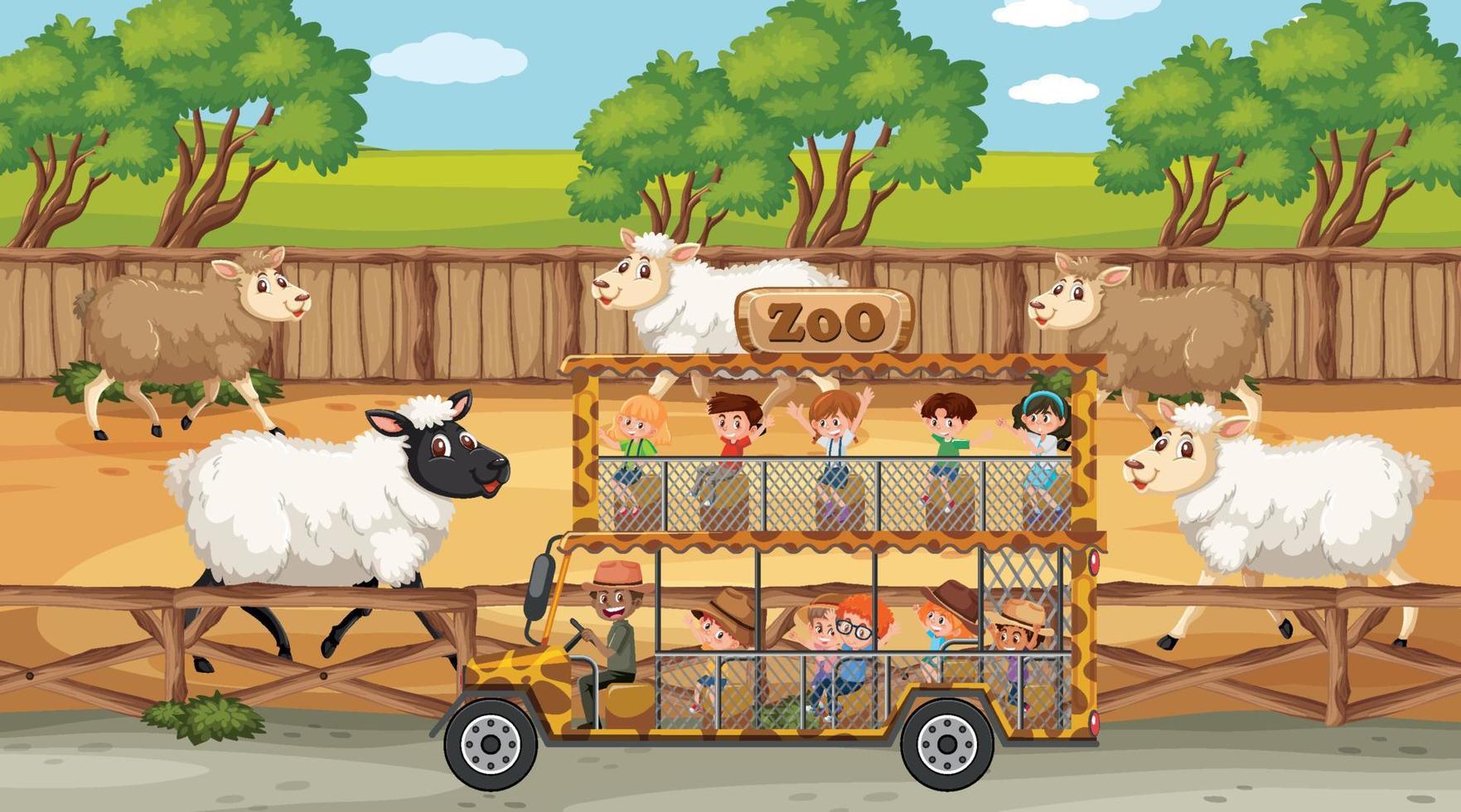 Safari scenes with many sheeps and kids cartoon character vector