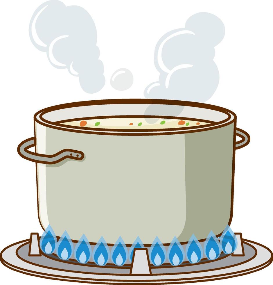 Soup in pot is boiling on the gas stove vector