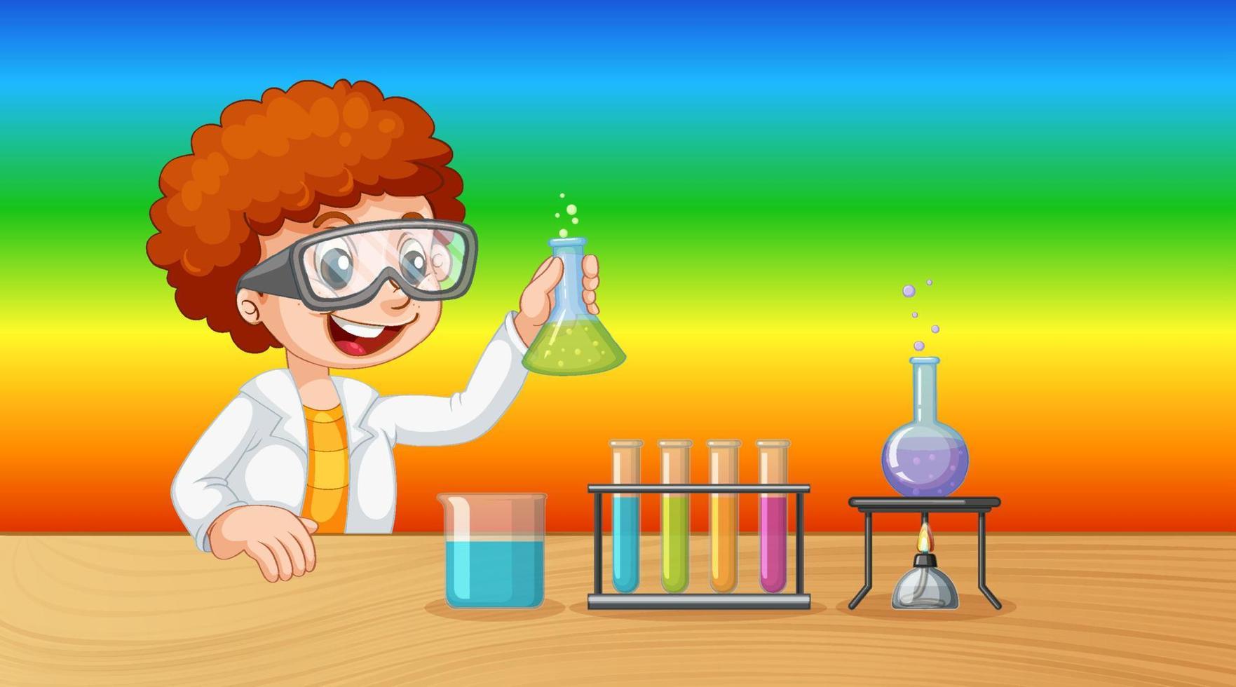 personaje de dibujos animados de niño científico sobre fondo degradado de arco iris vector