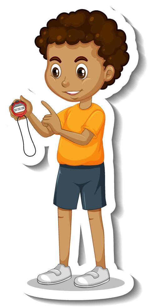A boy holding a timer cartoon character sticker vector