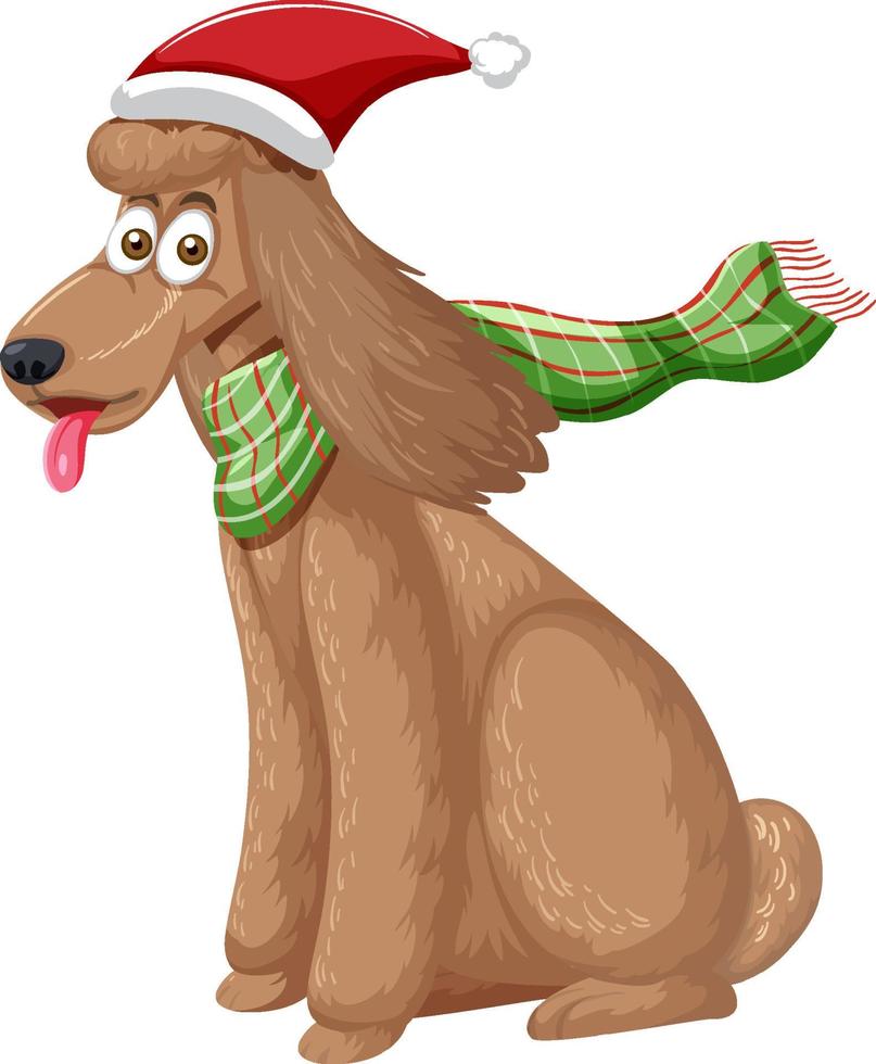 perro caniche con sombrero de navidad personaje de dibujos animados vector