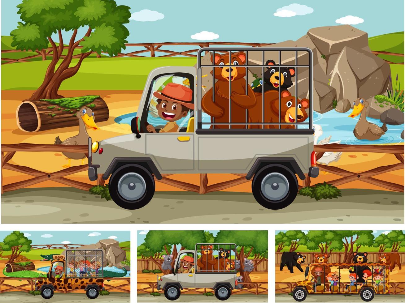 Diferentes escenas de safari con animales y personajes de dibujos animados para niños. vector