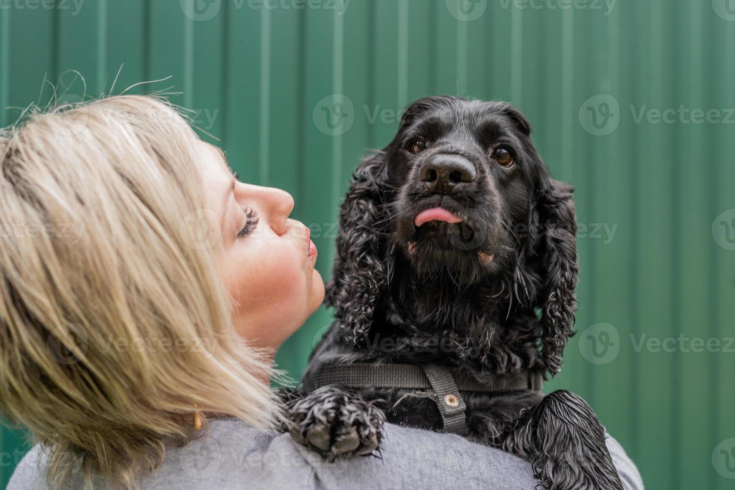 young woman holding her cocker spaniel dog on green background outside photo
