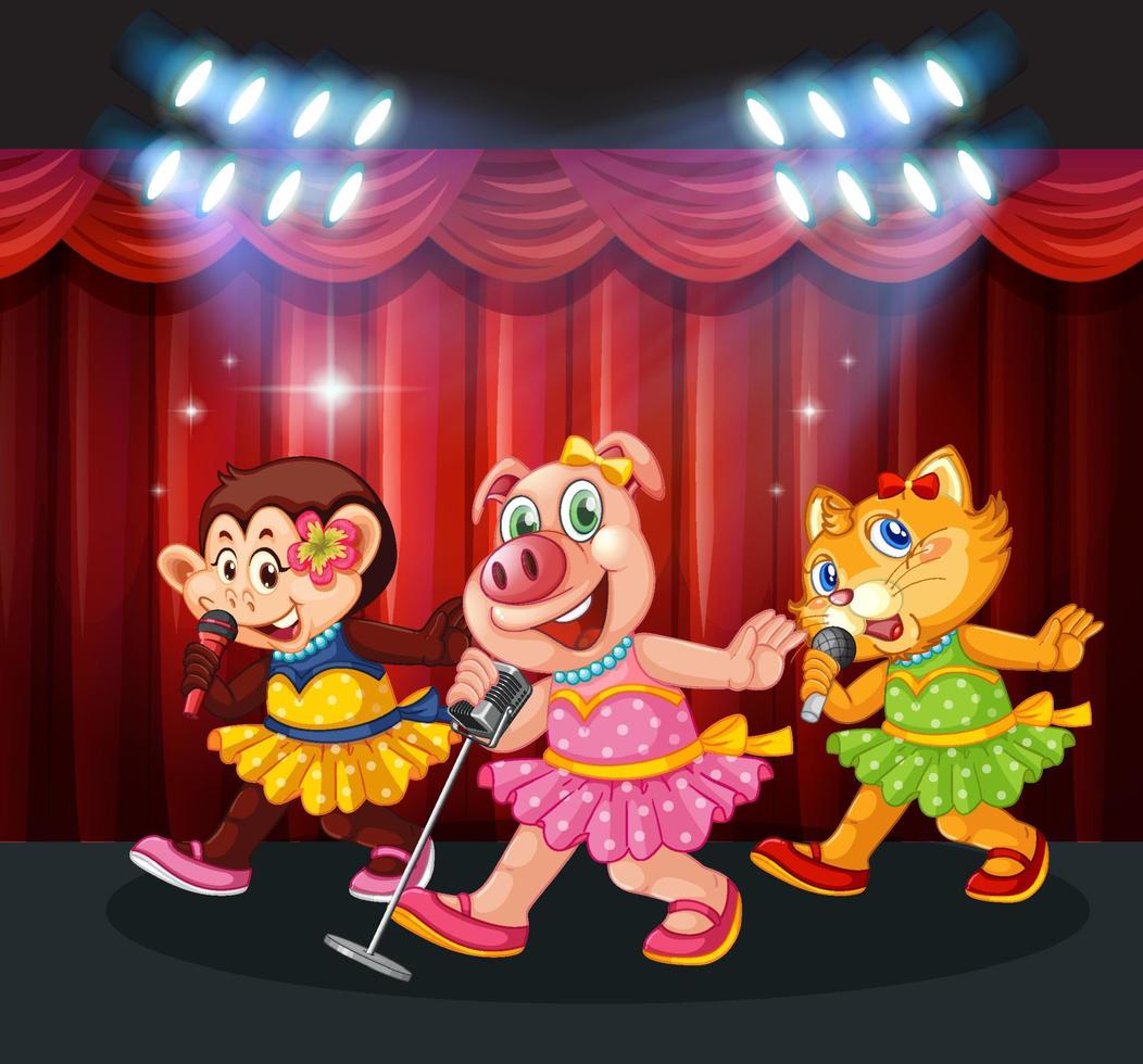 Little cute animals singing on stage vector