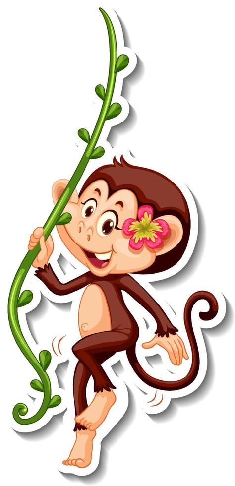 Monkey holding liana cartoon character sticker vector