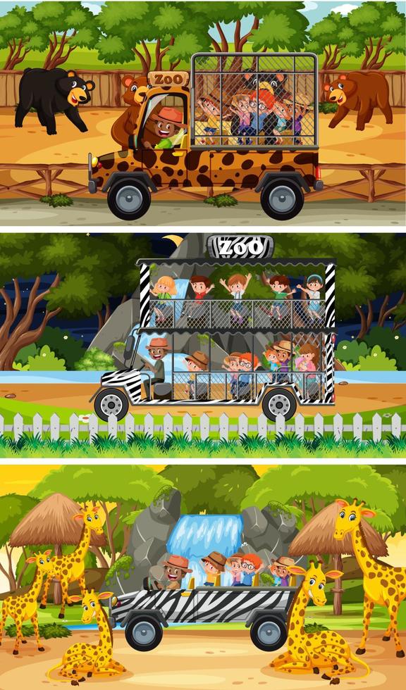 Set of different safari horizontal scenes with animals and kids cartoon character vector