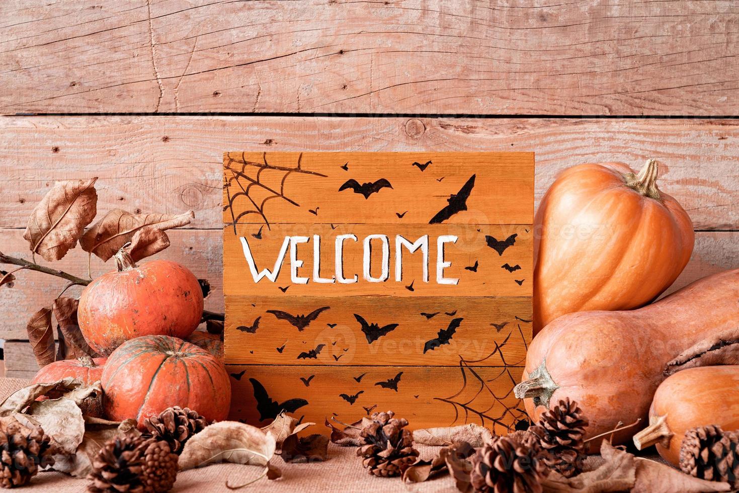 Welcome wooden sign with pile of pumpkins and pine cones photo