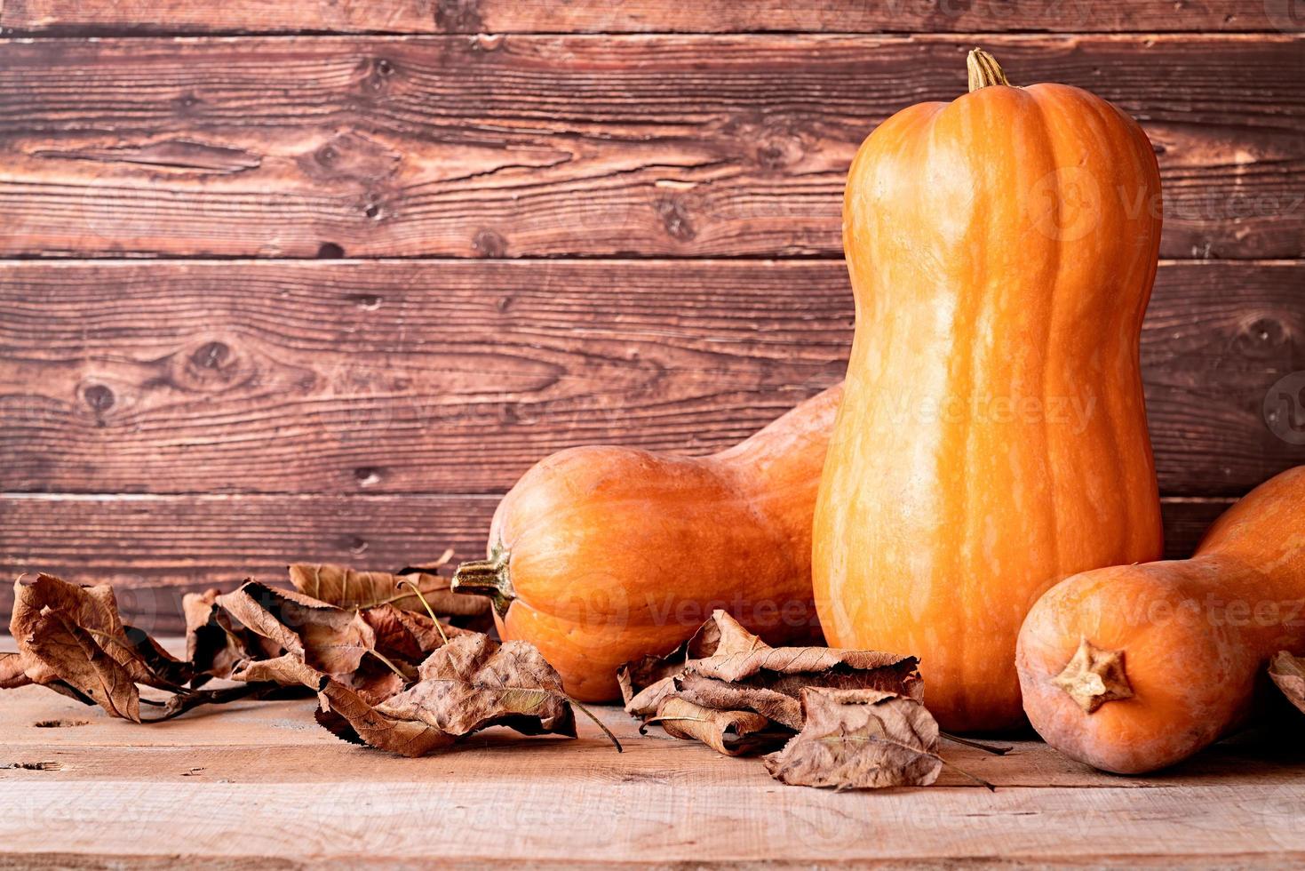 Bodegón de otoño con calabazas y hojas secas. foto