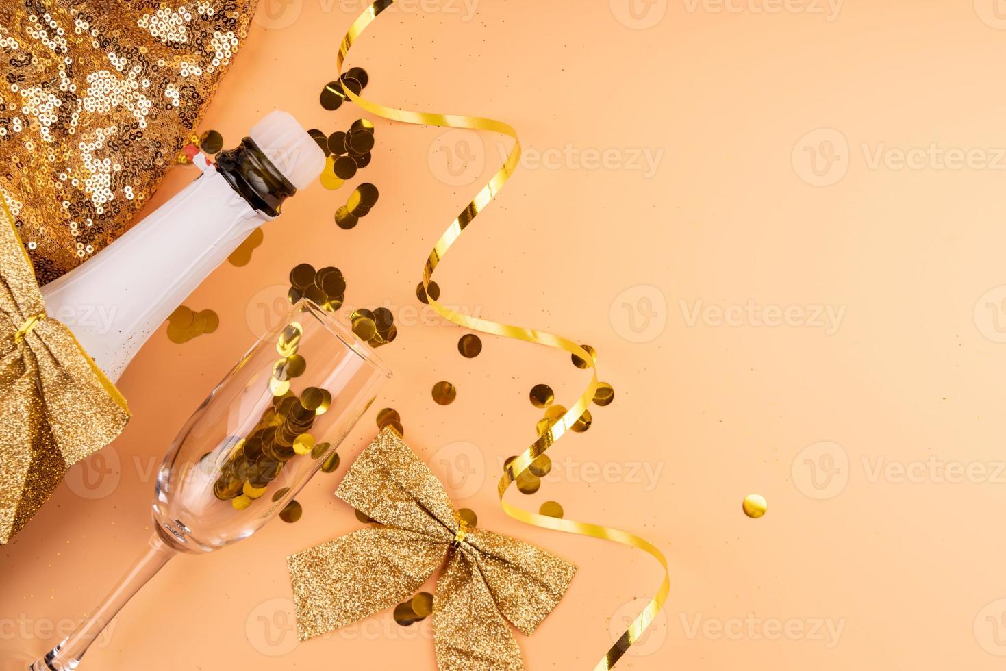 new year decoration flat lay top view on orange background photo