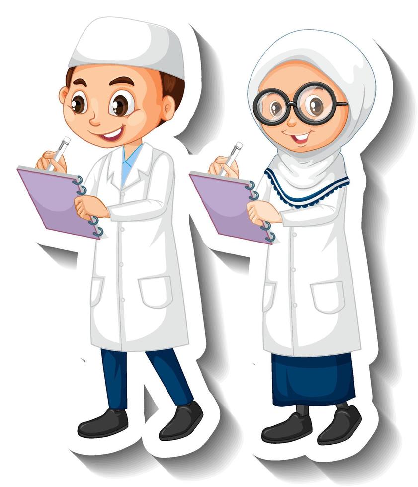 Scientist muslim couple kids writing something pose vector