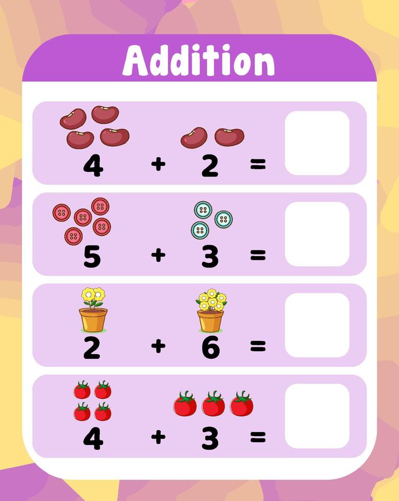 Preschool addition math worksheet template vector