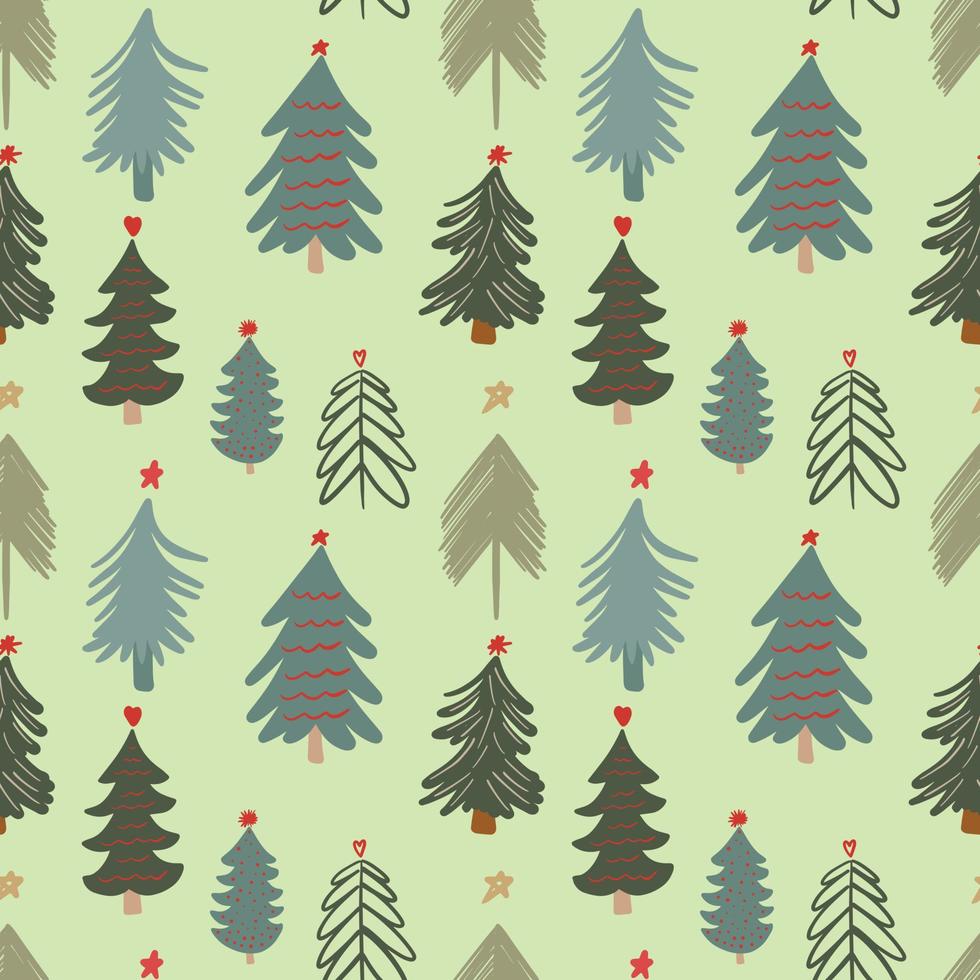 Cute winter season holiday childish seamless pattern with minimalist hand drawn various Christmas tree doodle. Beautiful New Year children naive background design, textile print vector