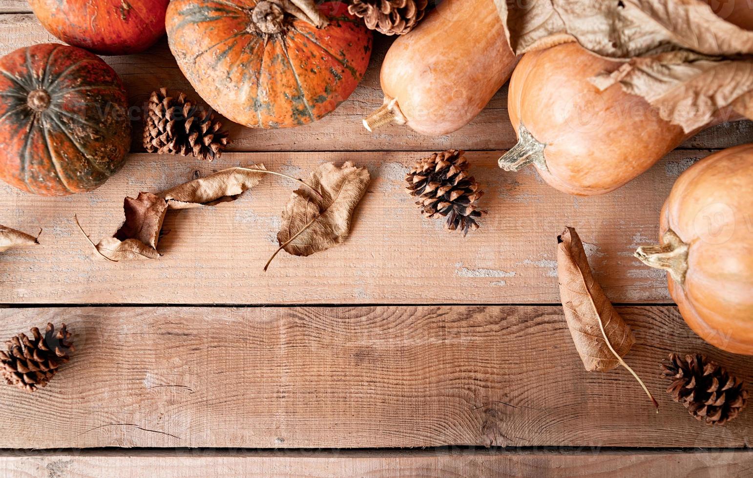 Halloween still life with pumpkins and dry leaves flat lay top view photo