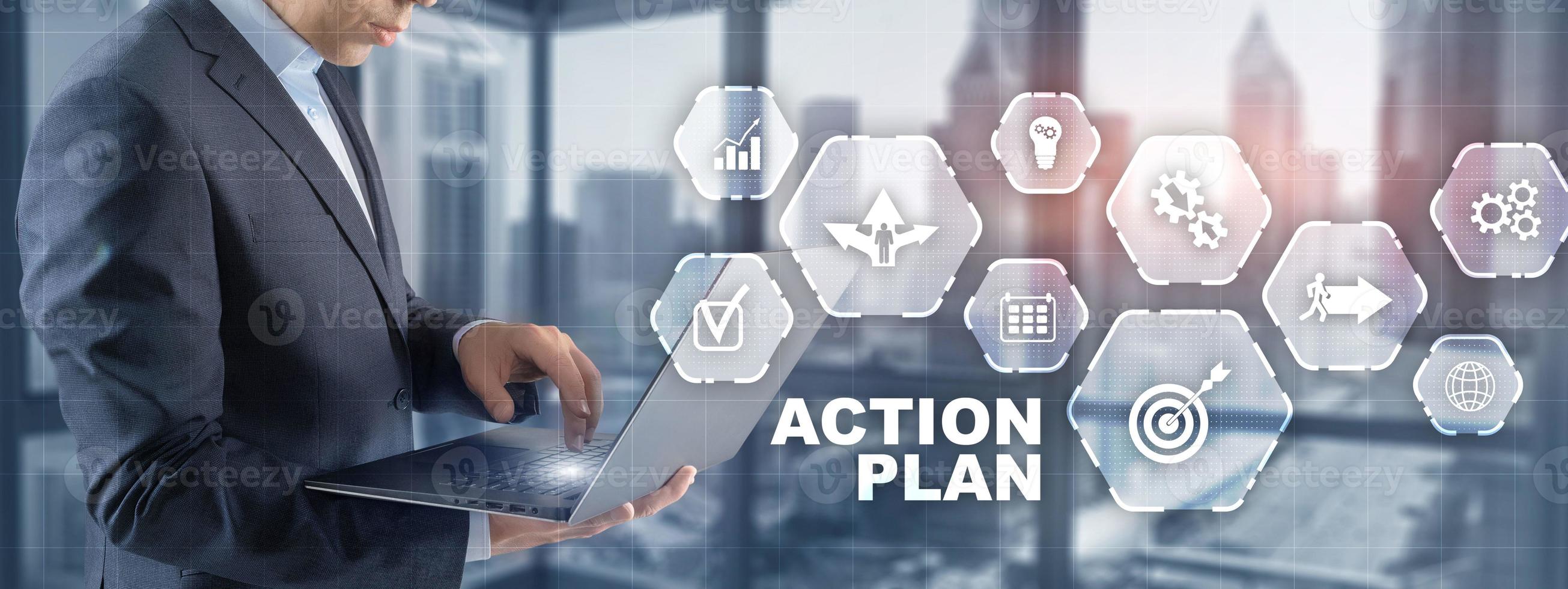 Man is drawing on virtual screen. Action plan concept photo